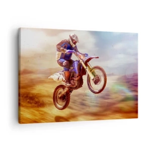 Quadro su tela - Stampe su Tela - Un motociclista in volo durante un dinamico giro fuoristrada - 70x50cm - Vertigini motociclistiche - Decorazione murale moderna per soggiorno e camera da letto ARTTOR