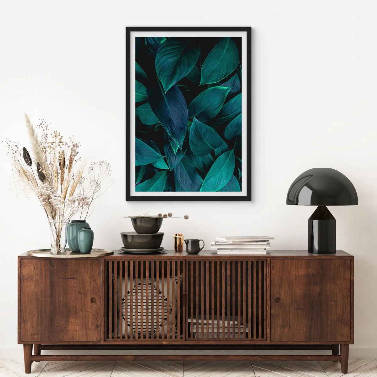 Poster in cornice nera - Foglie verde scuro con retroilluminazione tenue - 50x70cm - Il verde puro - Decorazione murale moderna per soggiorno e camera da letto ARTTOR