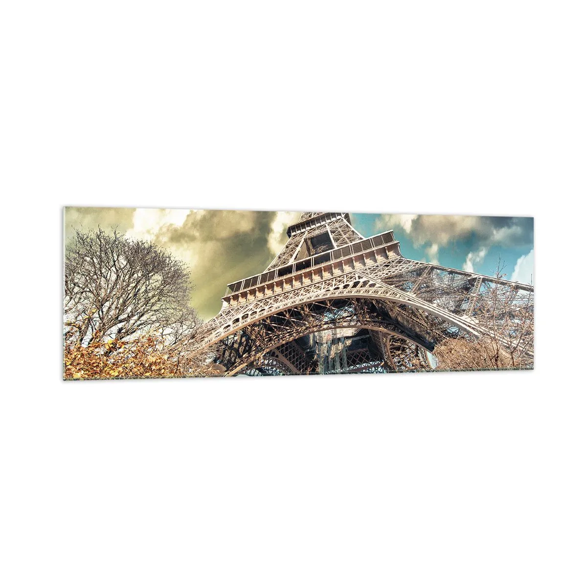 Quadro su vetro - La Torre Eiffel dal basso in un ambiente autunnale - 160x50cm - L'autunno a Parigi... - Decorazione murale moderna per soggiorno e camera da letto ARTTOR