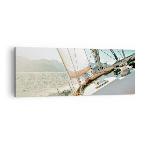 Quadro su tela - Stampe su Tela - Uno yacht in mare aperto con vista sulle montagne - 140x50cm - A vele spiegate - Decorazione murale moderna per soggiorno e camera da letto ARTTOR