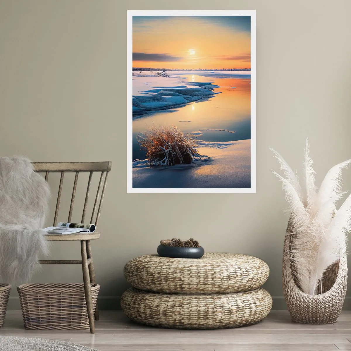 Poster - Paesaggio invernale con un fiume al tramonto - 50x70cm - Tramonto invernale - Decorazione murale moderna per soggiorno e camera da letto ARTTOR