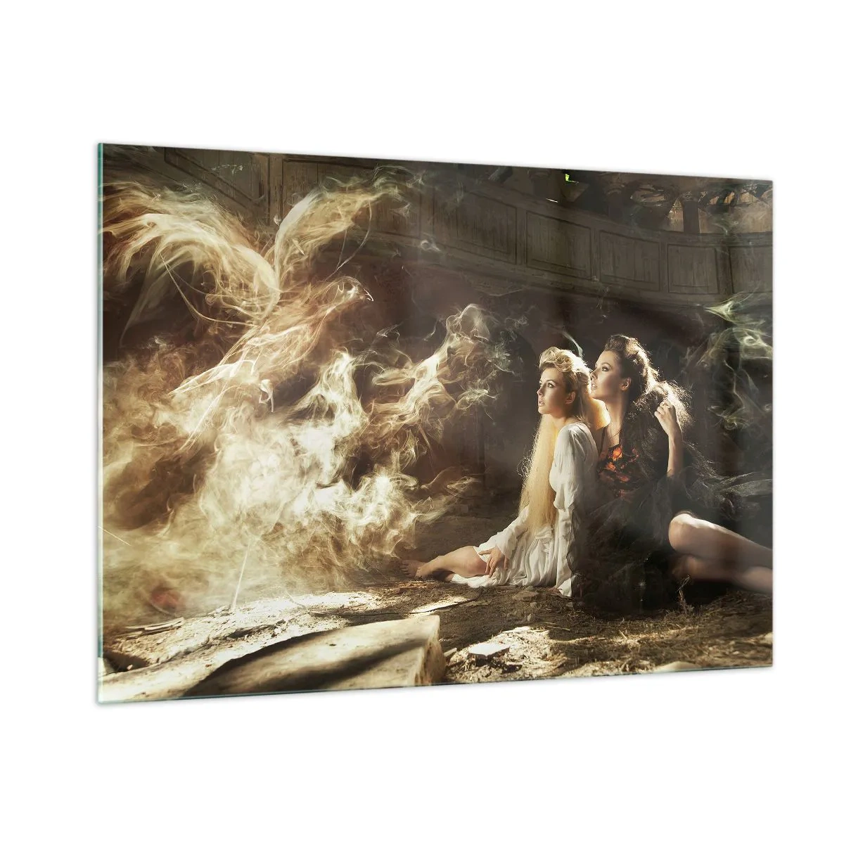 Quadro su vetro - Due donne con una fenice ardente in un ambiente magico - 100x70cm - Ed è diventata poesia - Decorazione murale moderna per soggiorno e camera da letto ARTTOR