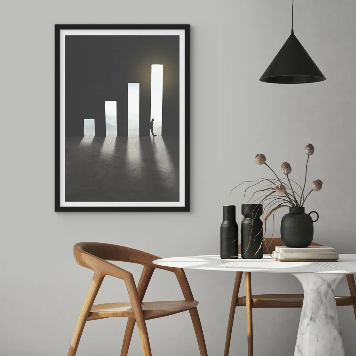Poster in cornice nera - Una porta simbolica a forma di grafico con una figura - 50x70cm - Successo - impressione - Decorazione murale moderna per soggiorno e camera da letto ARTTOR