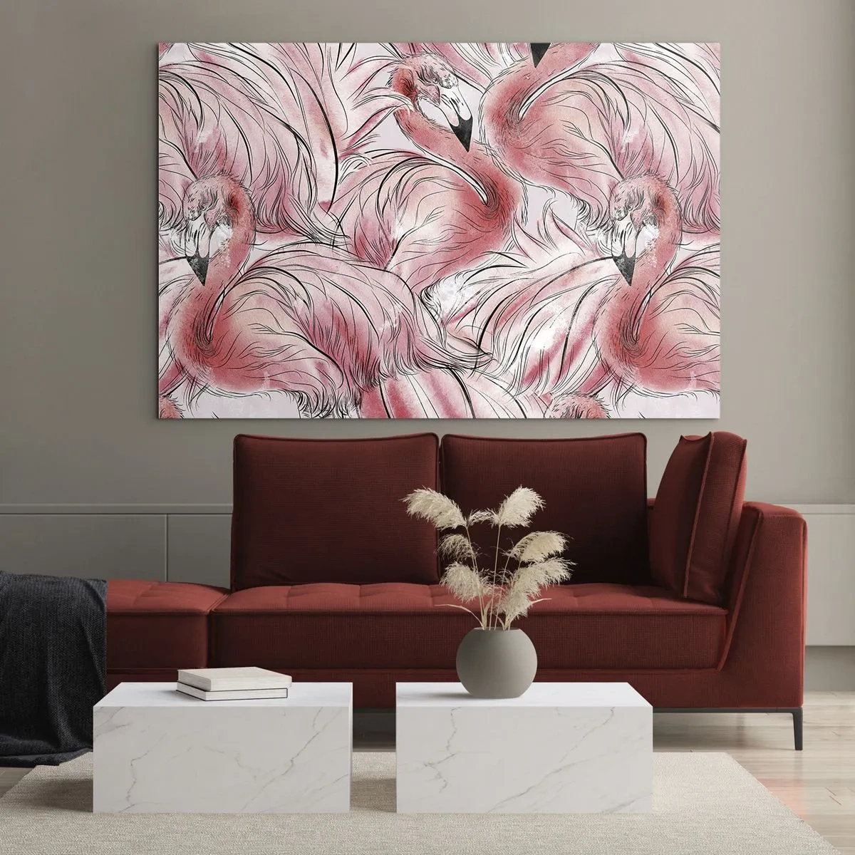 Quadro su vetro - Fenicotteri rosa in stile cartone animato decorativo - 70x50cm - Corpo di ballo alato - Decorazione murale moderna per soggiorno e camera da letto ARTTOR
