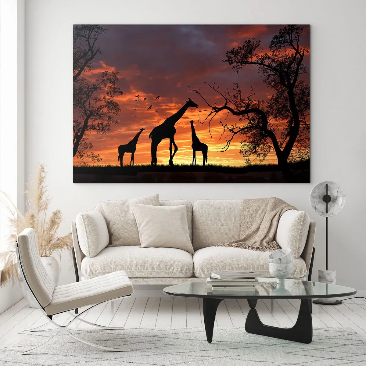 Quadro su vetro - Sagome di giraffe sullo sfondo di un tramonto in un paesaggio africano - 100x70cm - Piccola cena tra amici - Decorazione murale moderna per soggiorno e camera da letto ARTTOR