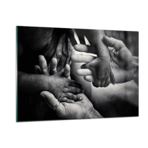 Quadro su vetro - Stretta di mano simbolica in bianco e nero di diverse generazioni - 120x80cm - Umanità - Decorazione murale moderna per soggiorno e camera da letto ARTTOR