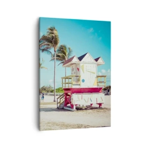 Quadro su tela - Stampe su Tela - Una spiaggia con palme e una torre di salvataggio sullo sfondo - 50x70cm - Ti aspetta una bella giornata - Decorazione murale moderna per soggiorno e camera da letto ARTTOR