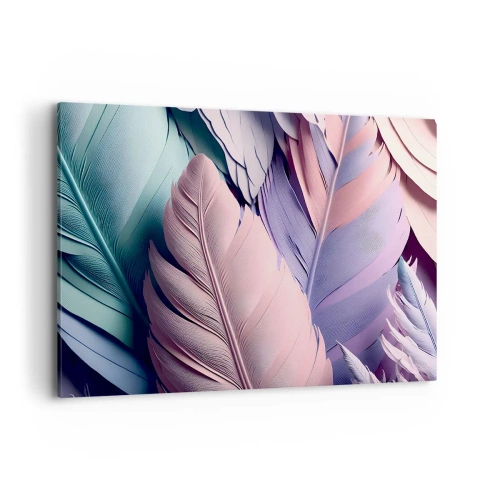 Quadro su tela - Stampe su Tela - Piume colorate in tonalità pastello su uno sfondo chiaro - 120x80cm - Eleganza per uccelli - Decorazione murale moderna per soggiorno e camera da letto ARTTOR