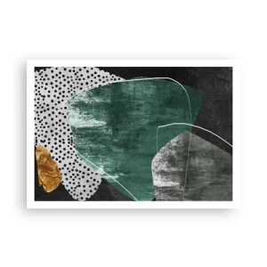 Poster - Composizione astratta con forme verdi e motivi a pois - 100x70cm - Astrazione colorata con petalo d'oro - Decorazione murale moderna per soggiorno e camera da letto ARTTOR