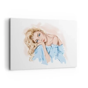 Quadro su tela - Stampe su Tela - Ritratto di una donna in abito blu con capelli biondi - 120x80cm - Sognante nel blu - Decorazione murale moderna per soggiorno e camera da letto ARTTOR