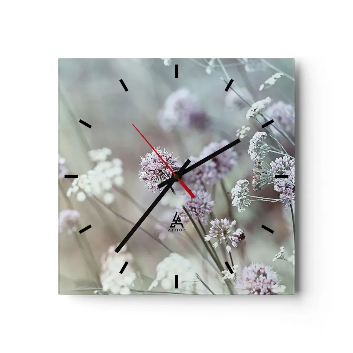 Orologio da parete - Orologio in Vetro - Fiori delicati in tonalità pastello - 30x30cm - Le dolci filigrane delle erbe - Decorazione murale moderna per soggiorno e camera da letto ARTTOR