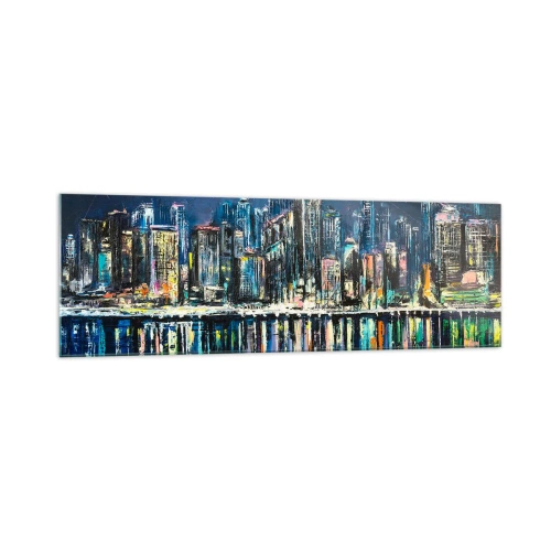 Quadro su vetro - Panorama della città notturna riflessa nell'acqua - 160x50cm - Cascata di luci - Decorazione murale moderna per soggiorno e camera da letto ARTTOR