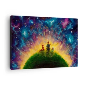 Quadro su tela - Stampe su Tela - Figure su una collina verde circondata da un cielo stellato - 70x50cm - Amore e amicizia: l'intero mondo - Decorazione murale moderna per soggiorno e camera da letto ARTTOR