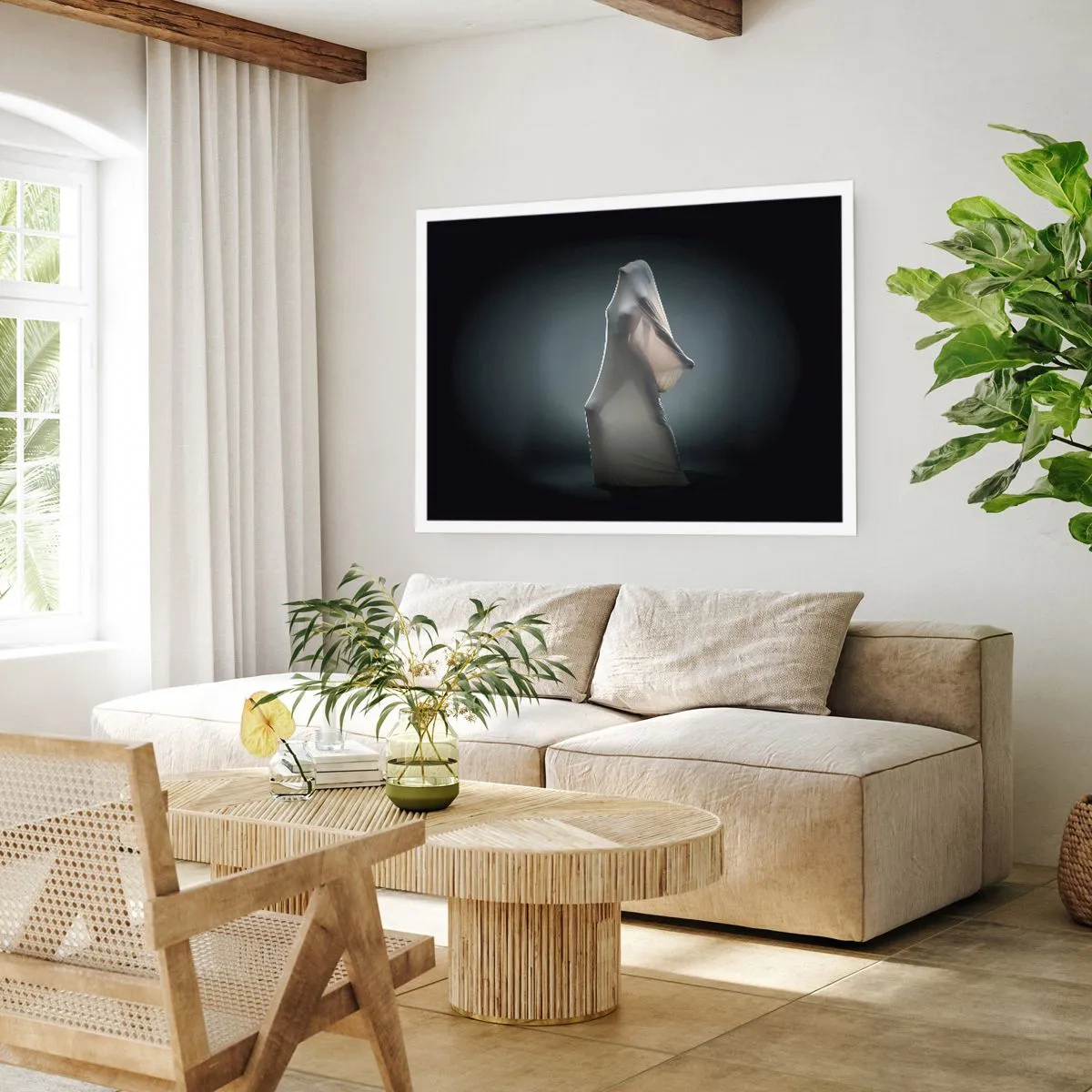 Poster - Una figura in tessuto bianco su uno sfondo scuro - 100x70cm - Desideri nascosti - Decorazione murale moderna per soggiorno e camera da letto ARTTOR