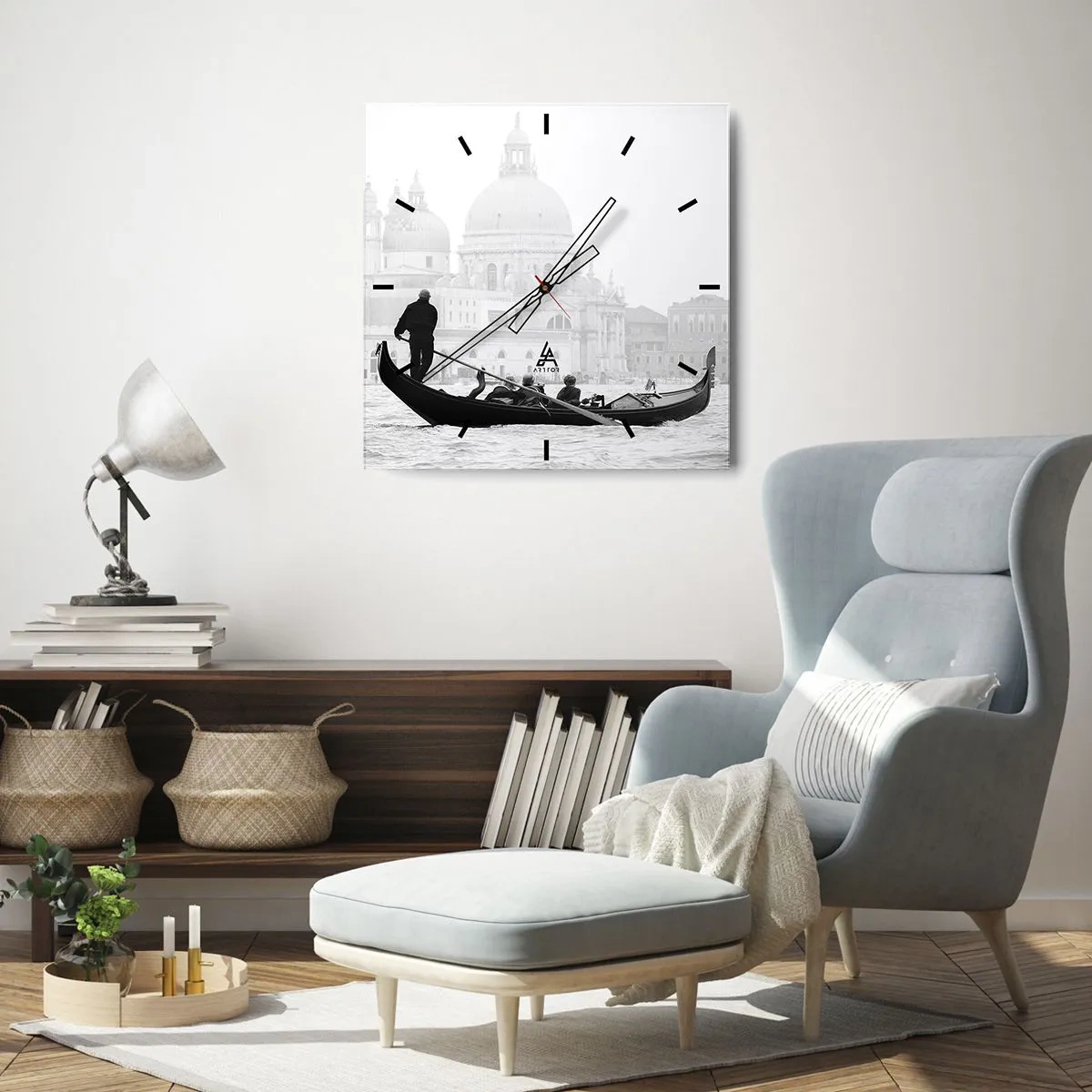 Orologio da parete - Orologio in Vetro - Una gondola con la basilica sullo sfondo in bianco e nero - 30x30cm - Viaggio alla fonte della bellezza - Decorazione murale moderna per soggiorno e camera da letto ARTTOR