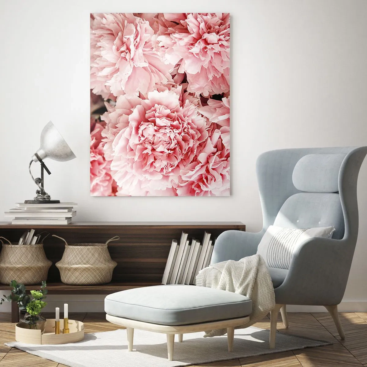 Quadro su vetro - Delicate peonie rosa in un ambiente delicato - 80x120cm - Sogno rosa - Decorazione murale moderna per soggiorno e camera da letto ARTTOR