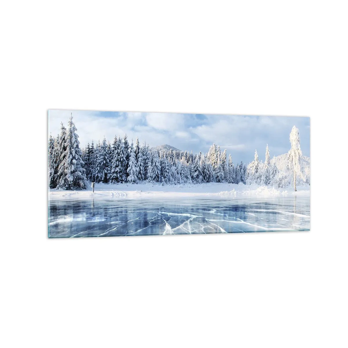 Quadro su vetro - Un lago ghiacciato circondato da una foresta innevata - 120x50cm - Vista lucente e cristallina - Decorazione murale moderna per soggiorno e camera da letto ARTTOR