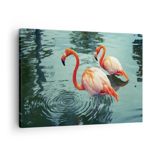 Quadro su tela - Stampe su Tela - Due fenicotteri nell'acqua calma riflettono l'ambiente circostante - 70x50cm - Adesso siamo di moda - Decorazione murale moderna per soggiorno e camera da letto ARTTOR