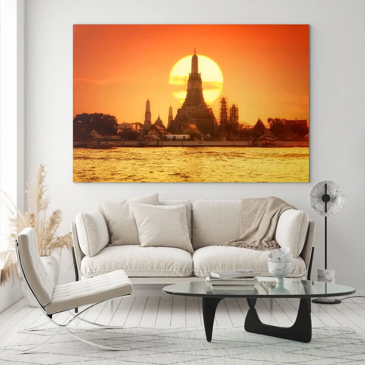 Quadro su vetro - Tempio al tramonto sul fiume - 70x50cm - Verso il sole, sempre verso il sole - Decorazione murale moderna per soggiorno e camera da letto ARTTOR