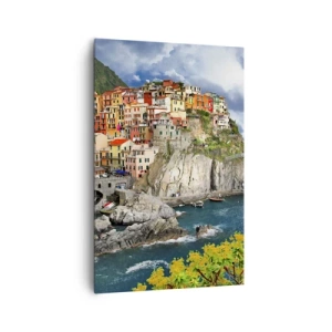 Quadro su tela - Stampe su Tela - Case colorate su una scogliera a picco sul mare nelle Cinque Terre - 80x120cm - Aggrappate alla roccia - Decorazione murale moderna per soggiorno e camera da letto ARTTOR