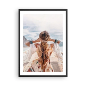 Poster in cornice nera - Donna in abito boho con vista sul mare - 50x70cm - In cammino verso la felicità - Decorazione murale moderna per soggiorno e camera da letto ARTTOR