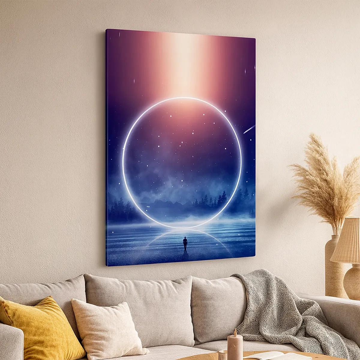 Quadro su tela - Stampe su Tela - Un paesaggio magico con una figura e un cerchio di luce di notte - 50x70cm - Sono già qui... - Decorazione murale moderna per soggiorno e camera da letto ARTTOR