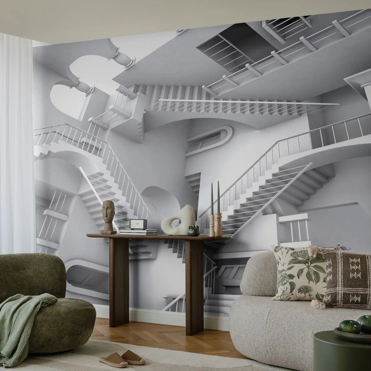 Fotomurali Premium Sand - Illusione architettonica di scale in stile surreale - 100x70cm - Il paradosso dello spazio - Decorazione murale moderna per soggiorno e camera da letto ARTTOR
