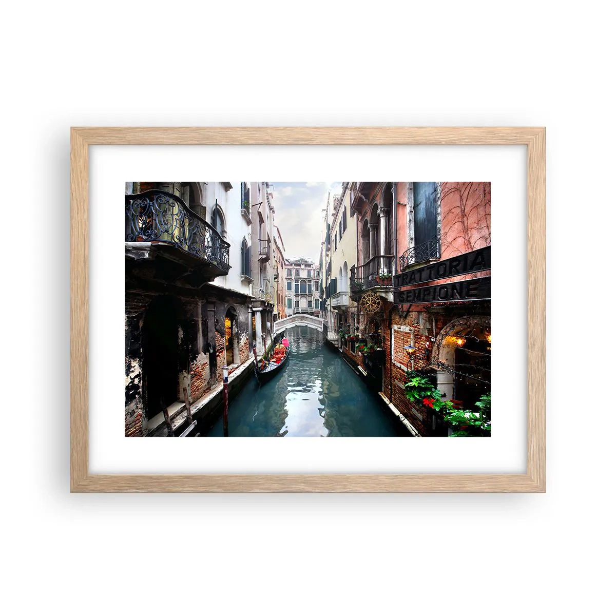 Poster in cornice rovere chiaro - Paesaggio veneziano con gondola e ponte - 40x30 cm