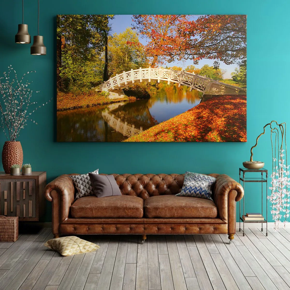 Quadro su tela - Stampe su Tela - Un ponte in un parco circondato da foglie autunnali su acque calme - 100x70cm - Sul bianco ponticello dei sospiri - Decorazione murale moderna per soggiorno e camera da letto ARTTOR
