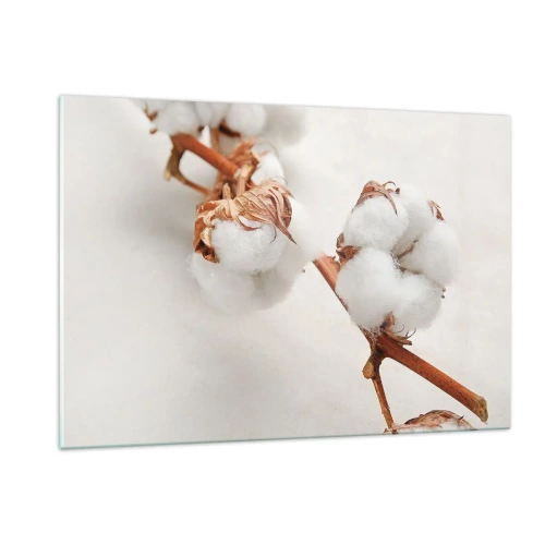 Quadro su vetro - Primo piano di un ramo di cotone su uno sfondo chiaro - 120x80cm - Semplicemente un abbraccio - Decorazione murale moderna per soggiorno e camera da letto ARTTOR