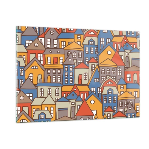 Quadro su vetro - Le case colorate in stile grafico creano un paesaggio allegro - 120x80cm - Una casa dietro l'altra - Decorazione murale moderna per soggiorno e camera da letto ARTTOR