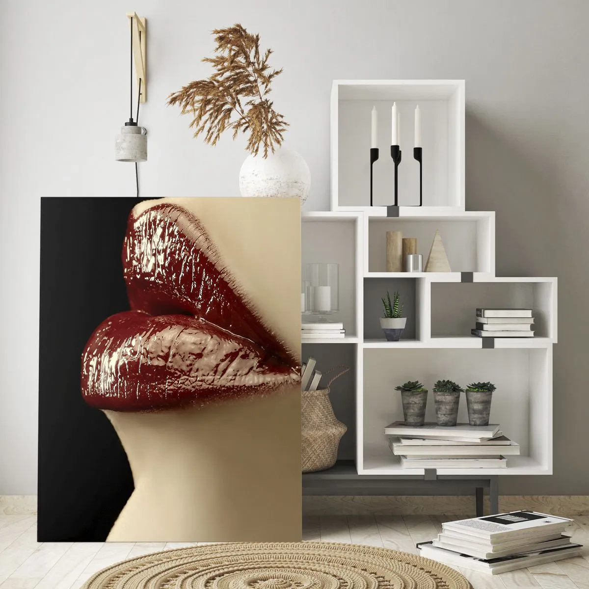 Quadro su vetro - Labbra rosse e rossetto su sfondo nero - 70x100cm - Sensualità e splendore del carminio - Decorazione murale moderna per soggiorno e camera da letto ARTTOR