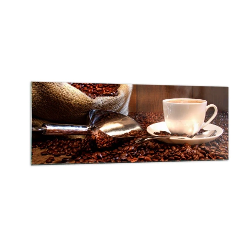 Quadro su vetro - Una tazza di caffè con chicchi di caffè e un sacco di cereali sullo sfondo - 140x50cm - Senti questo odore? - Decorazione murale moderna per soggiorno e camera da letto ARTTOR