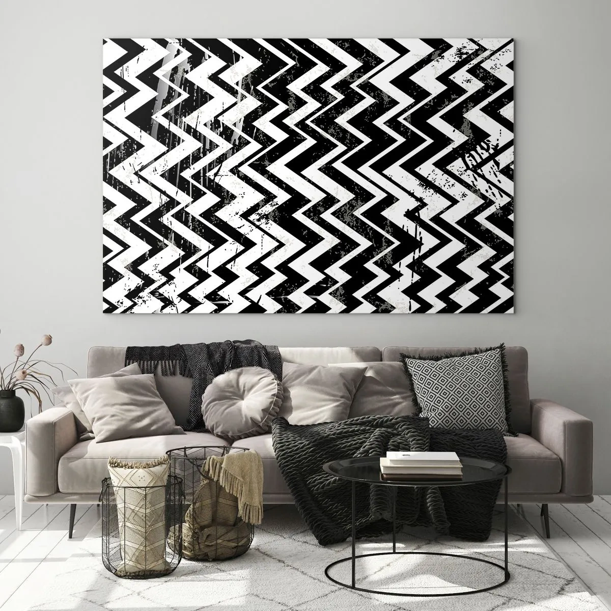 Quadro su vetro - Un motivo a zigzag bianco e nero dalla composizione e dalla consistenza dinamiche. - 120x80cm - Zig-bianco, zag-nero - Decorazione murale moderna per soggiorno e camera da letto ARTTOR