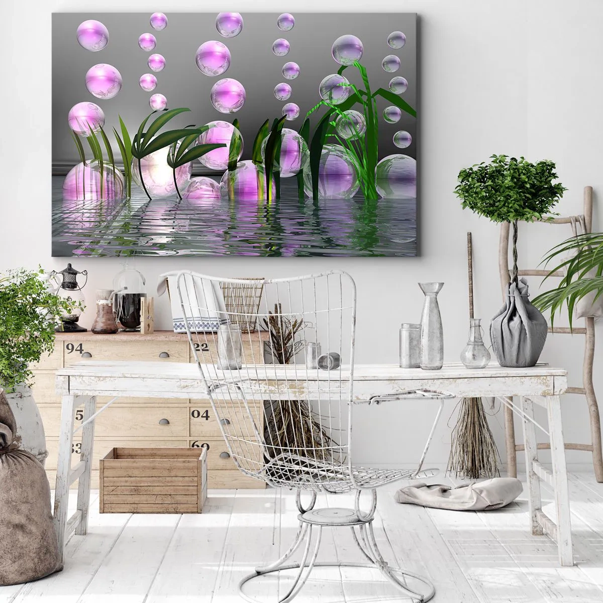 Quadro su tela - Stampe su Tela - Foglie verdi e bolle rosa sopra l'acqua su uno sfondo grigio - 100x70cm - Composizione meditativa su leggerezza e vita - Decorazione murale moderna per soggiorno e camera da letto ARTTOR