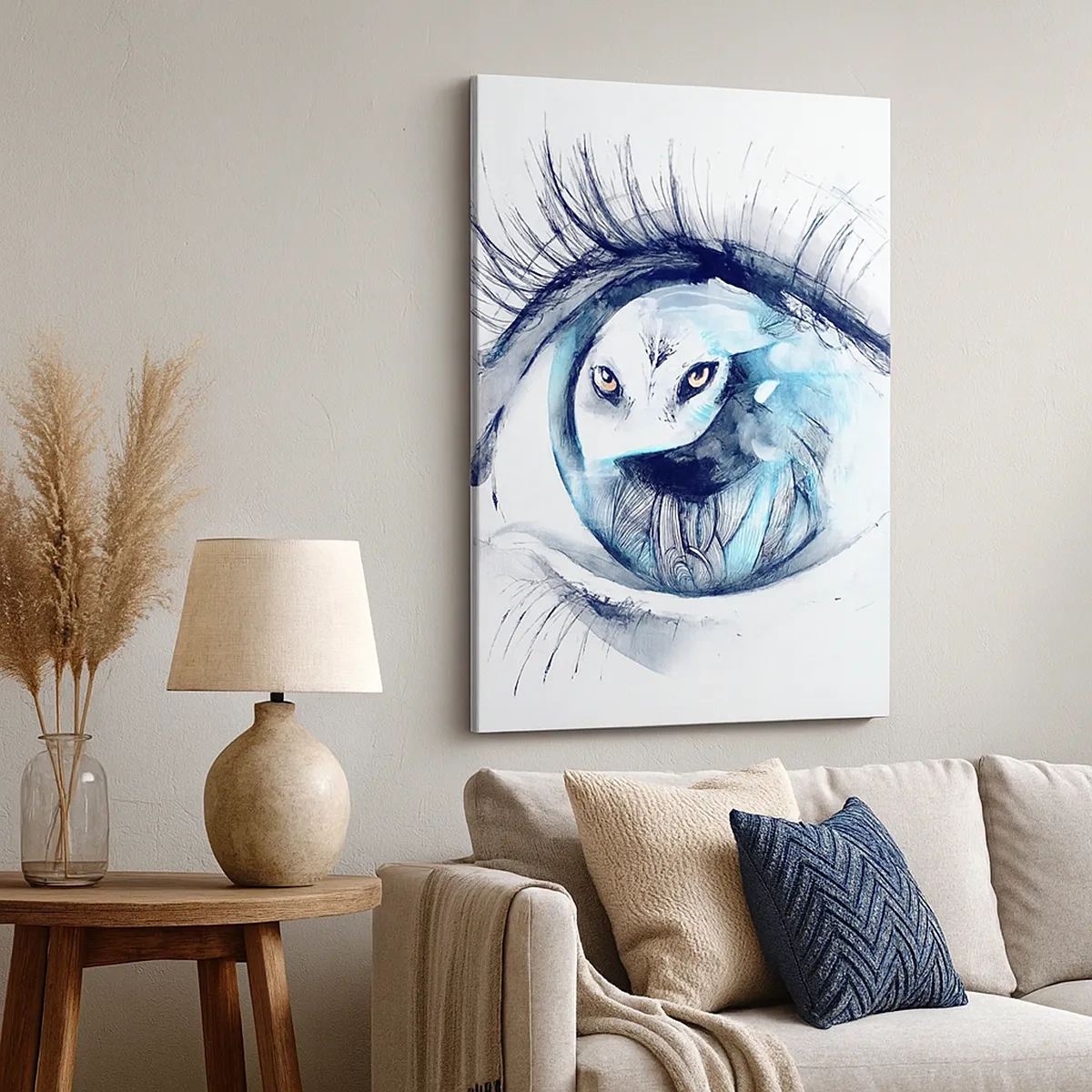 Quadro su tela - Stampe su Tela - Un occhio con l'immagine di un gufo in tonalità di blu acquerellate - 50x70cm - Faccia a faccia con la natura selvaggia - Decorazione murale moderna per soggiorno e camera da letto ARTTOR