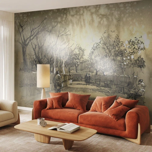 Fotomurali Premium Canvas - Attimo fermato con la penna - Vicolo del parco, Parco, Seppia - 300x210 cm