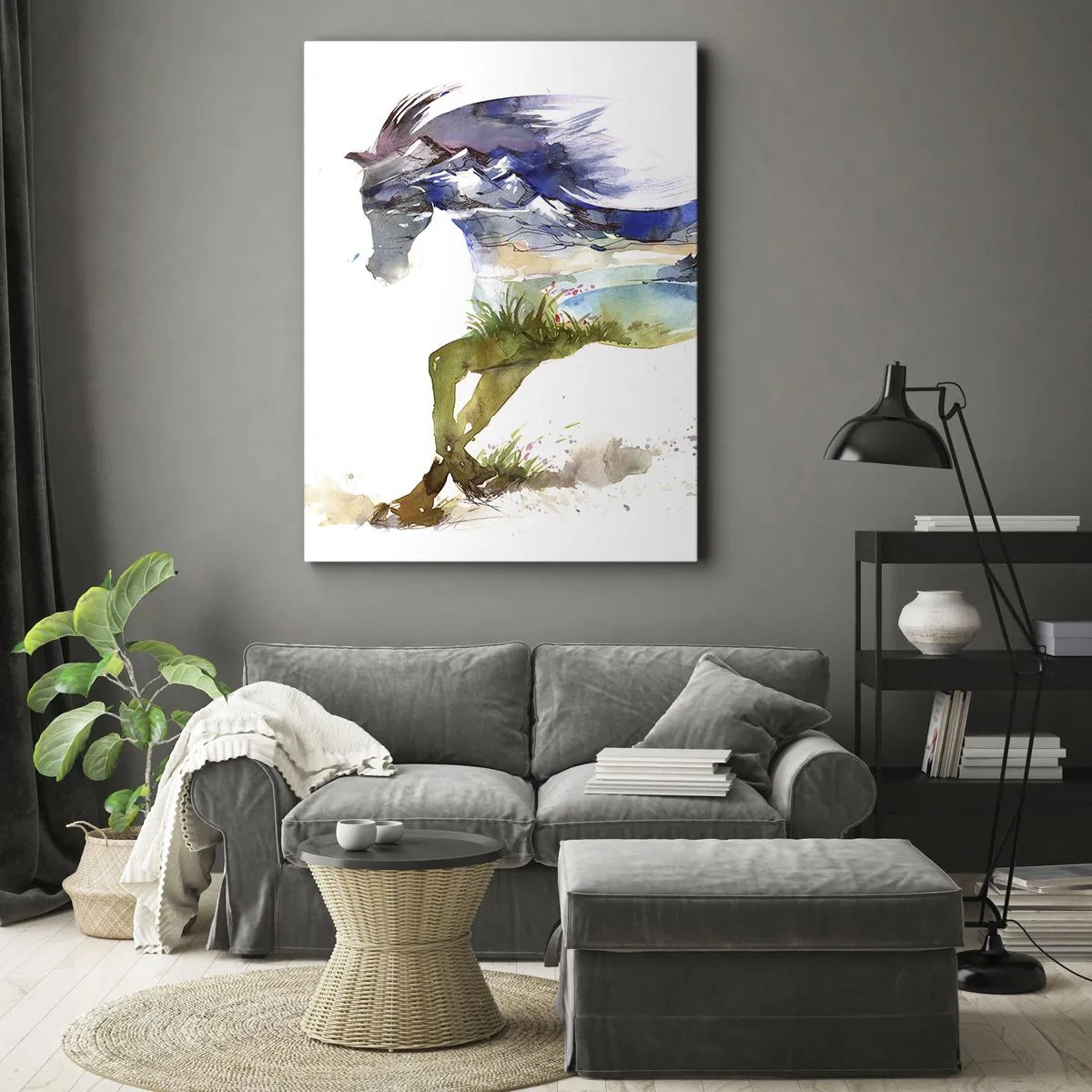 Quadro su tela - Stampe su Tela - Acquerello di un cavallo con un paesaggio montano in silhouette - 70x100cm - Direttamente dal prato al cielo - Decorazione murale moderna per soggiorno e camera da letto ARTTOR