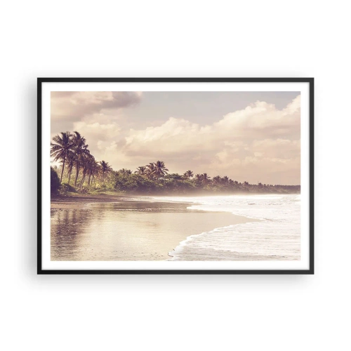 Poster in cornice nera - Una spiaggia con palme e onde dolci al mattino - 100x70cm - La carezza delle onde - Decorazione murale moderna per soggiorno e camera da letto ARTTOR
