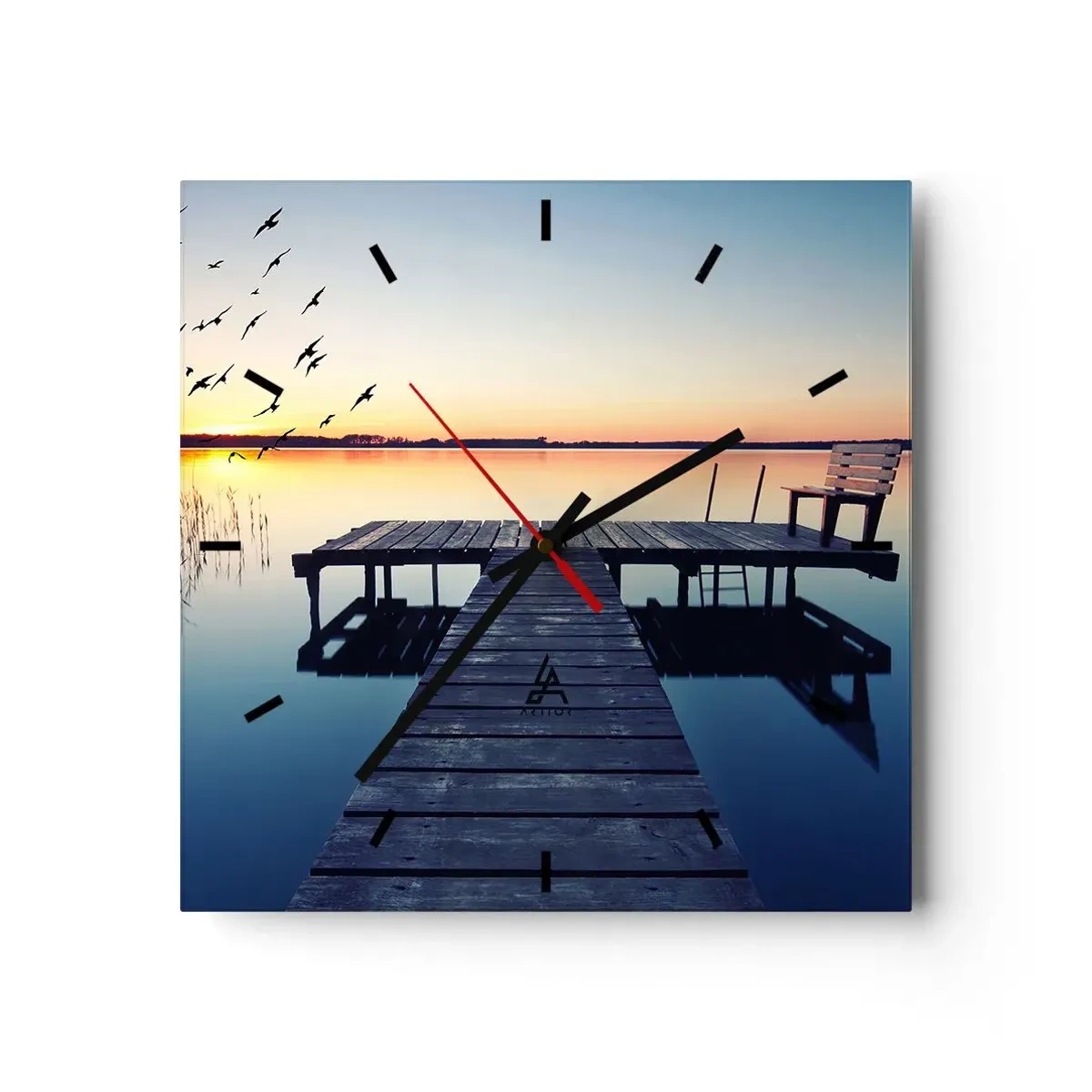 Orologio da parete - Orologio in Vetro - Molo di legno su un lago all'alba con uccelli - 30x30cm - È stata una buona giornata - Decorazione murale moderna per soggiorno e camera da letto ARTTOR