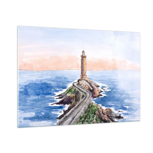 Quadro su vetro - Un faro su un promontorio roccioso circondato da un mare calmo - 100x70cm - Rivolto verso il mare - Decorazione murale moderna per soggiorno e camera da letto ARTTOR