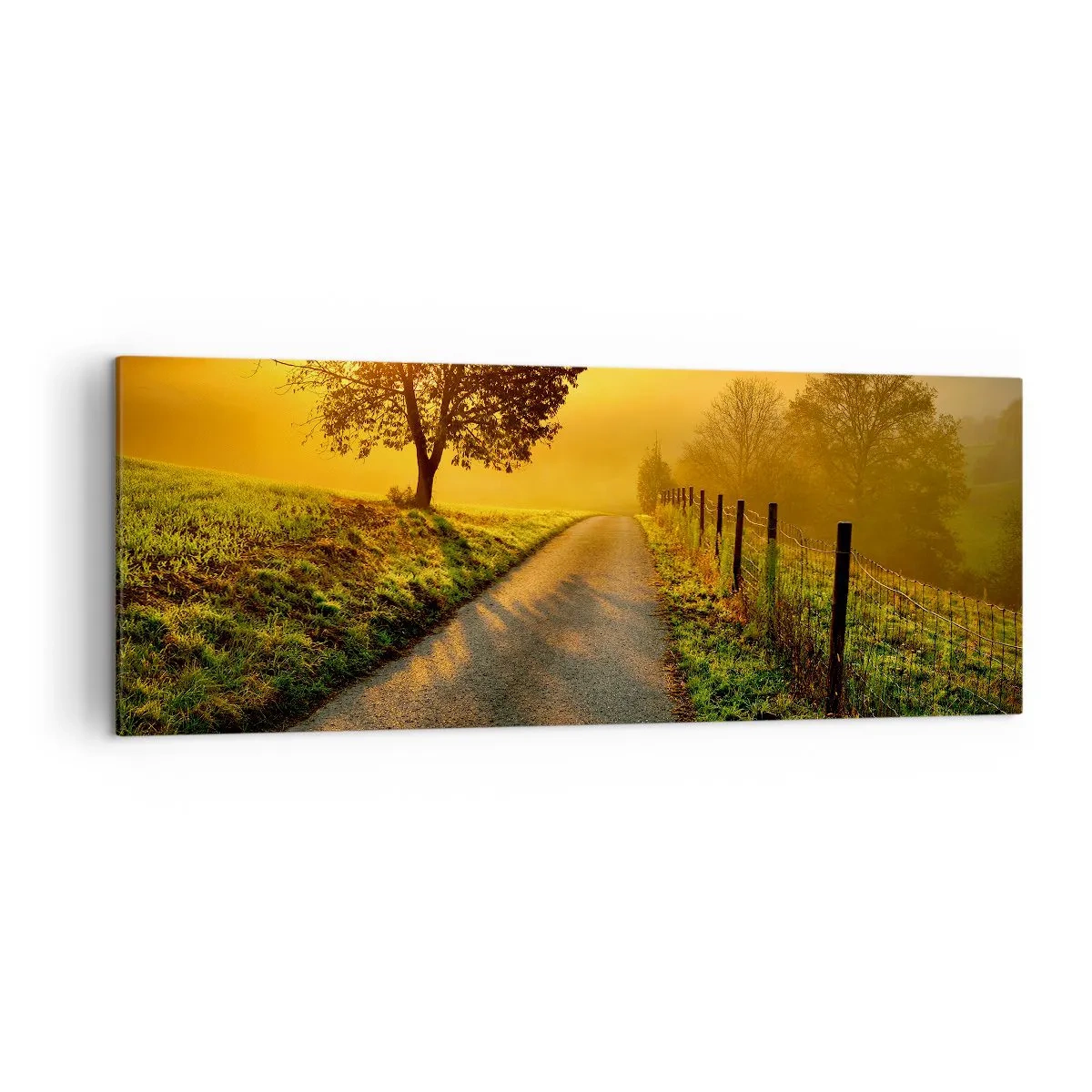 Quadro su tela - Stampe su Tela - Una strada pittoresca al tramonto con un albero solitario sullo sfondo - 140x50cm - Pomeriggio di miele - Decorazione murale moderna per soggiorno e camera da letto ARTTOR