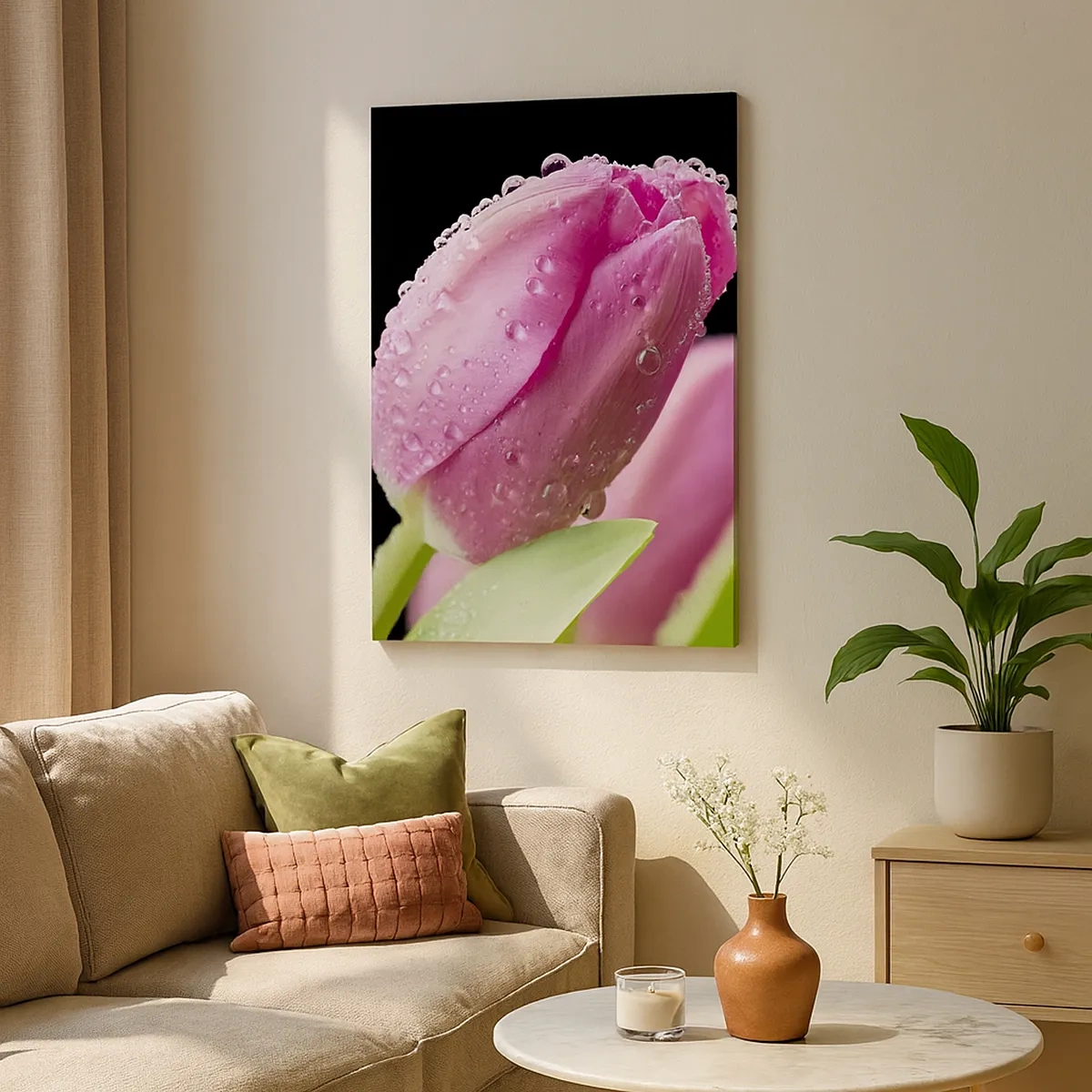 Quadro su tela - Stampe su Tela - Tulipano rosa con gocce d'acqua su sfondo nero - 50x70cm - Sogno lilla nella rugiada - Decorazione murale moderna per soggiorno e camera da letto ARTTOR