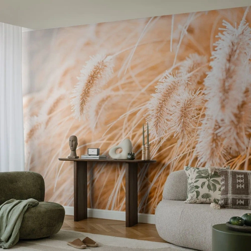Fotomurali Premium Sand - Primo piano di soffici spighe dorate di erba - 100x70cm - Il fruscio dorato dell'erba - Decorazione murale moderna per soggiorno e camera da letto ARTTOR