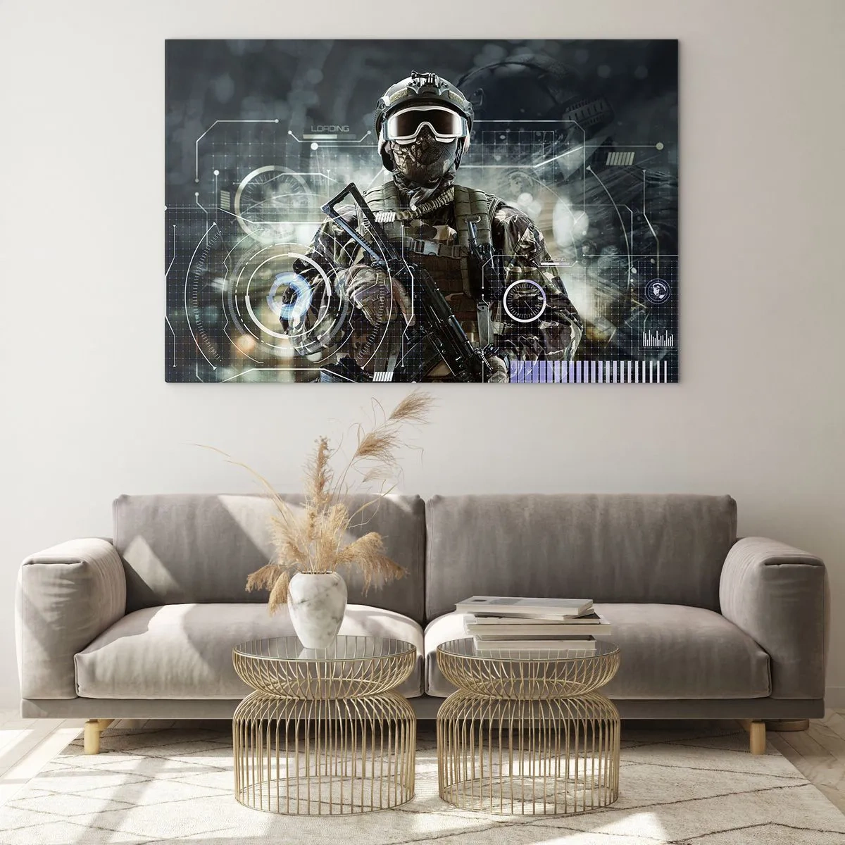 Quadro su vetro - Un soldato in equipaggiamento tattico sullo sfondo di un'interfaccia futuristica. - 120x80cm - Potenza al quadrato - Decorazione murale moderna per soggiorno e camera da letto ARTTOR