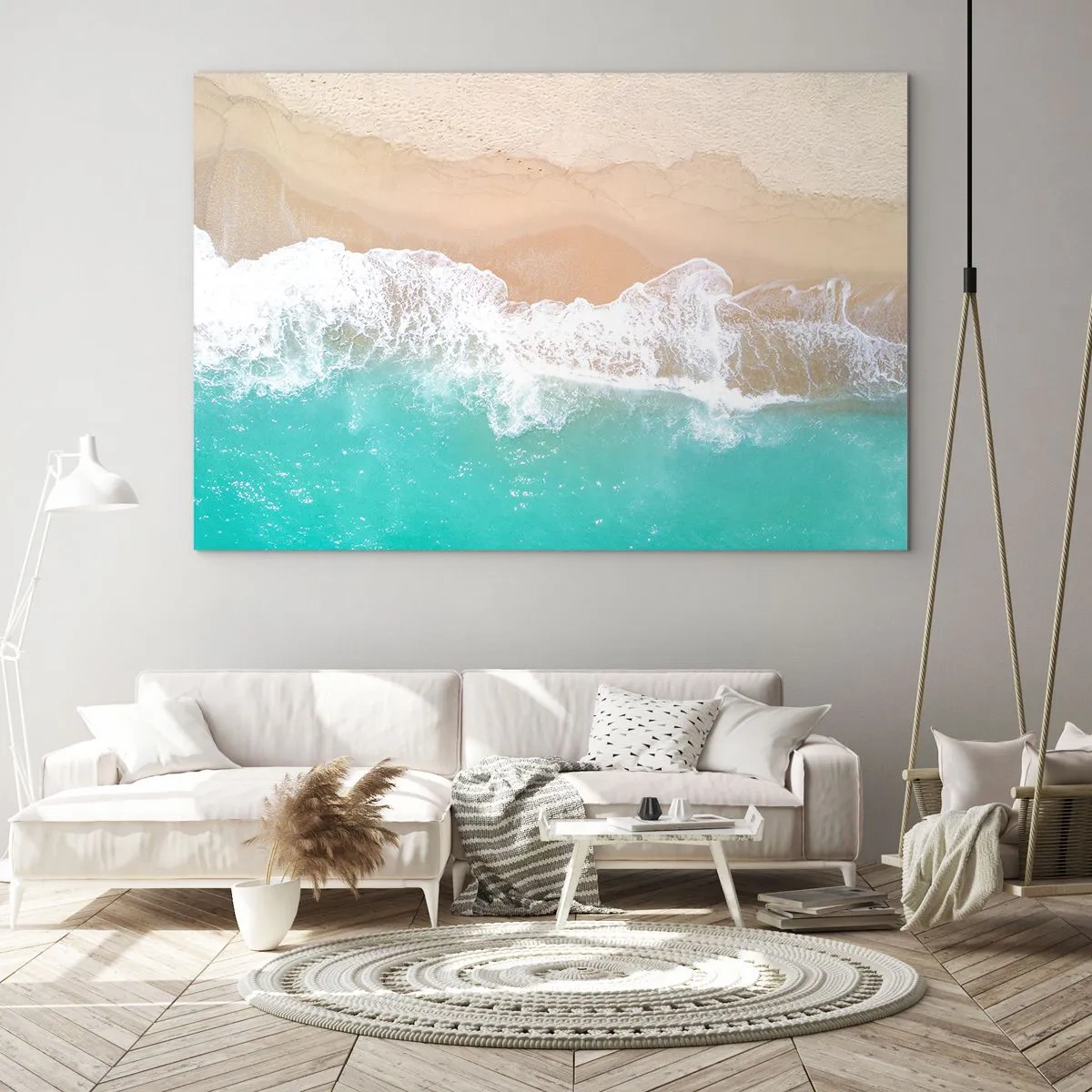 Quadro su vetro - Vista aerea della spiaggia con acqua turchese e onde bianche - 120x80cm - Un tocco carezzevole - Decorazione murale moderna per soggiorno e camera da letto ARTTOR