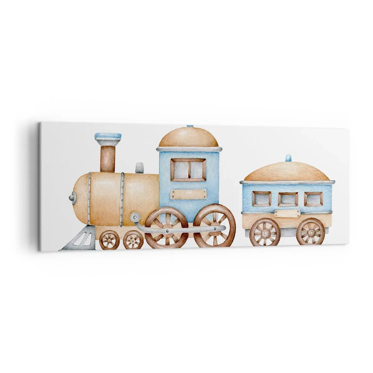 Quadro su tela - Stampe su Tela - Disegno di un treno in tonalità pastello su sfondo bianco - 140x50cm - Fermo alla stazione... - Decorazione murale moderna per soggiorno e camera da letto ARTTOR