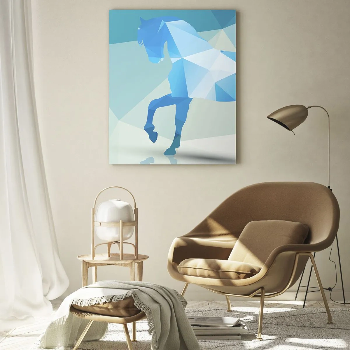 Quadro su vetro - Silhouette geometrica di un cavallo nei toni del blu - 80x120cm - Cavallo geometrico nel turchese - Decorazione murale moderna per soggiorno e camera da letto ARTTOR