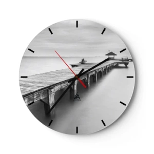 Orologio da parete - Orologio in Vetro - Molo di legno su acque calme in bianco e nero - 30x30cm - Sempre più lontano. - Decorazione murale moderna per soggiorno, cucina e camera da letto ARTTOR