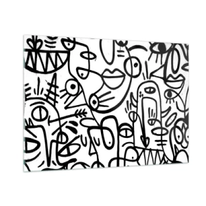 Quadro su vetro - Astrazione in bianco e nero con occhi, volti e linee - 100x70cm - Volti e miraggi - Decorazione murale moderna per soggiorno e camera da letto ARTTOR